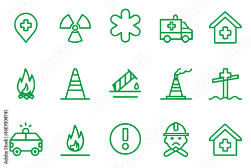 Comprehensive collection of emergency response symbols and graphics for immediate assistance and critical situations featuring clear visual cues and essential safety elements