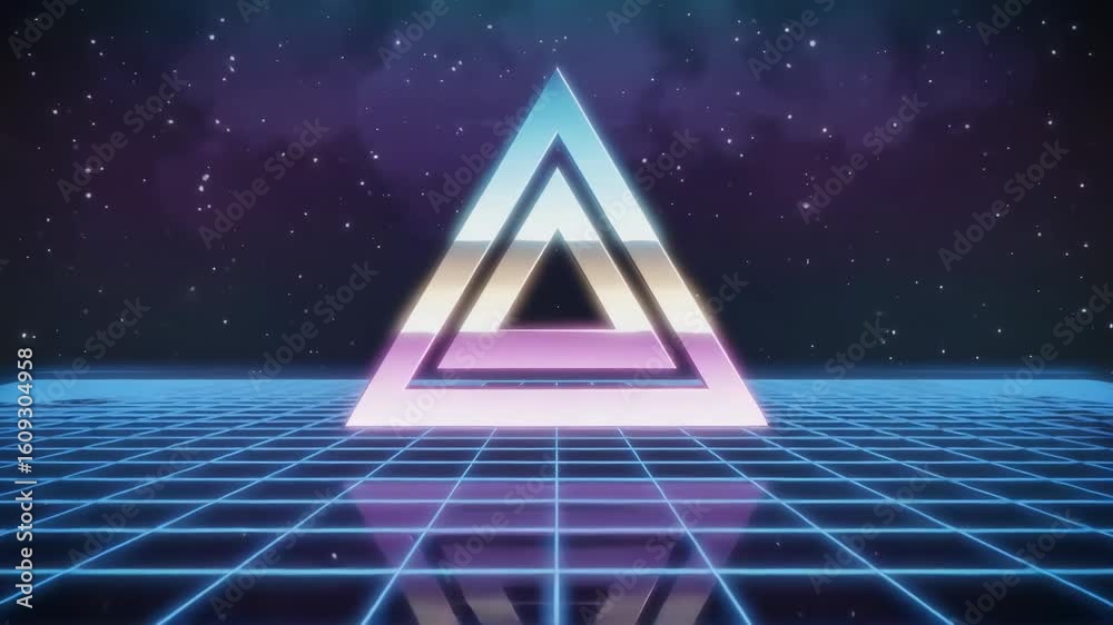 Retro futuristic neon triangle grid animation with synthwave wireframe landscape