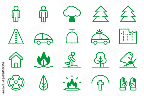 Comprehensive collection of emergency response symbols and graphics for critical situations featuring distinct alerts and safety elements in a professional design