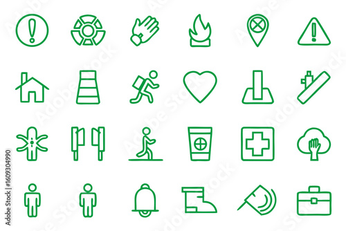 Comprehensive emergency evacuation symbol collection for safety signage and information displays featuring clear visual cues for urgent situations