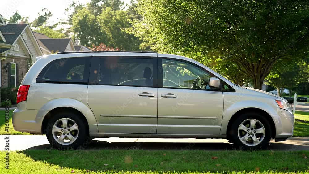 Silver minivan parked on driveway next to green lawn, trees, and residential houses Silver minivan parked on driveway next to green lawn, trees, and residential houses