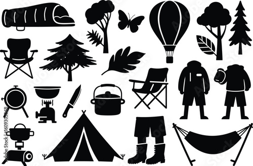 Camping and Outdoor Adventure Icon Set with Tent, Sleeping Bag, Campfire Gear, Hammock, Forest Trees, and Hiking Equipment