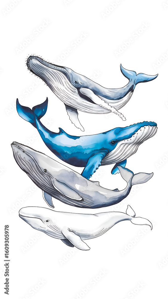 Obraz premium Detailed artistic depiction of unique whale species showcasing their differences and beauty. Ideal for marine life, conservation, educational purposes related to oceanic creatures, aquatic ecosystems.