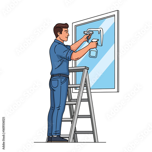 Man on a stepladder cleaning window