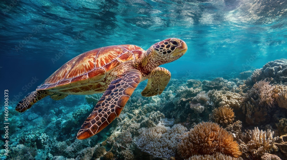Obraz premium Majestic Sea Turtle in Vibrant Coral Reef