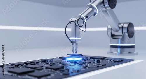 A robotic arm precisely places a glowing blue microchip onto a circuit board, symbolizing automation in electronics manufacturing.