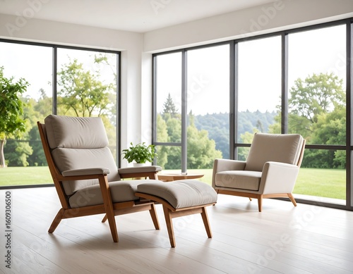 Serene interior featuring comfortable armchairs and expansive windows showcasing lush landscapes