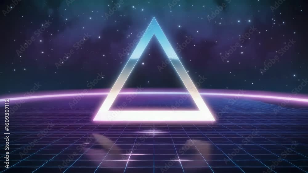 Synthwave retro animation with glowing triangle grid and digital wireframe horizon