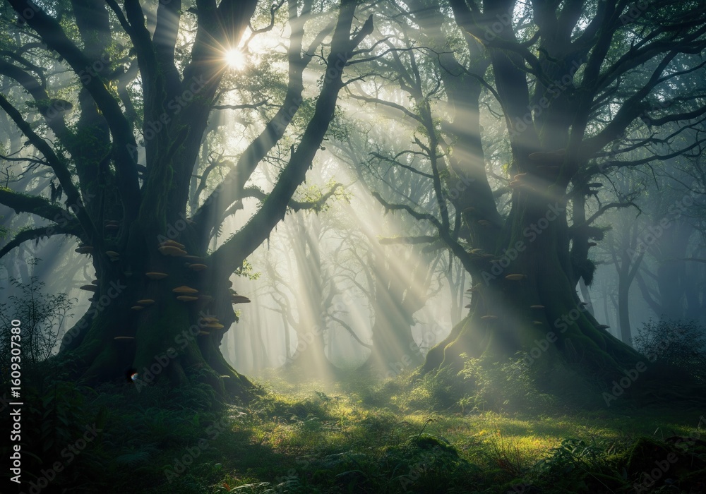 Obraz premium Sunbeams pierce through a mystical, misty forest with tall, ancient trees, creating a magical atmosphere.