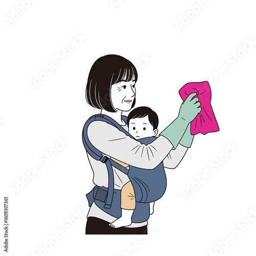 A woman cleans while carrying a baby