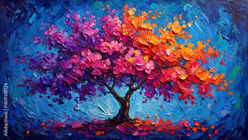A vibrant impasto oil painting of a magical fantasy tree with rainbow colored leaves on a textured blue background