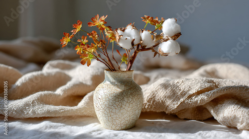 Charming Ceramic Bud Vase with Crackle Glaze and Cotton Stems Cozy Home Interior Still Life Photography Bright Natural Light Aesthetic Decor