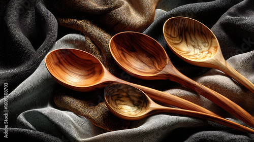 Natural Wooden Spoons Displayed on Soft Linen Napkin Rustic Kitchen Setting Still Life Warm Tones Close-Up View