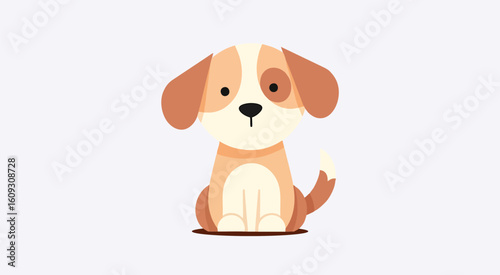 A cute cartoon-style brown and white puppy dog sitting and smiling on a white background. Adorable animal vector for kids and pet designs.