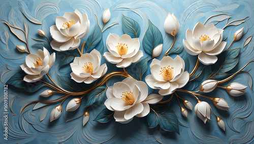 An elegant 3D floral illustration of white blossoms with golden branches against a textured, swirling light blue background.