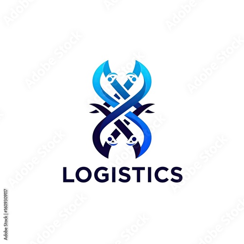 Blue abstract logo with interconnected shapes and the text 