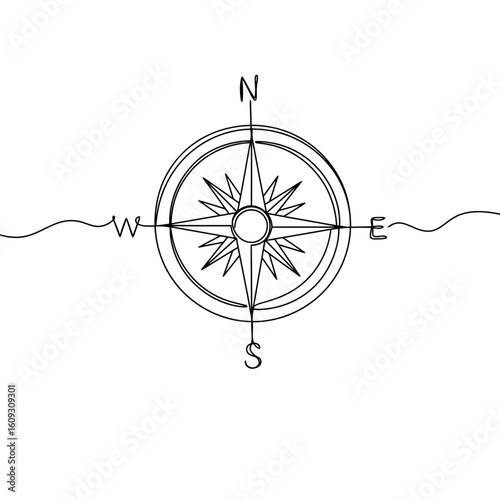 Line art compass rose with directional symbols for navigation and travel, vector illustration. Nautical orientation, decorative and metaphorical sign of navigation