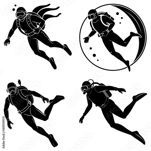 Illustrations of scuba divers in various poses and settings in a black and white vector format