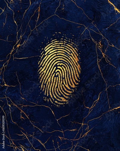 Golden Fingerprint on Dark Blue Marble Background for Art and Design