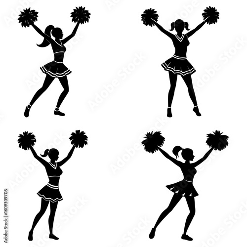 Silhouette illustration of four cheerleaders with pom poms in various poses on a white background design