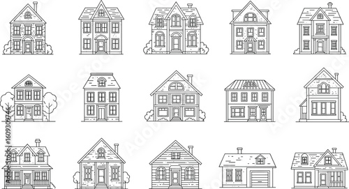 Set of vintage house line drawings, classic residential architecture illustrations, Victorian and colonial-style homes, hand-drawn building vector icons