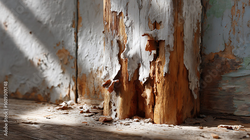 Weathered Wooden Surface with Peeling Fibers Urban Environment Macro Photography Natural Textures Detailed Viewpoint