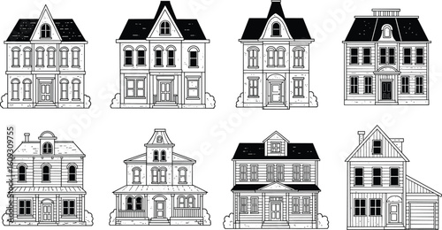 Set of vintage house line drawings, classic residential architecture illustrations, Victorian and colonial-style homes, hand-drawn building vector icons