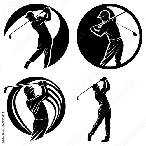 Four black and white golfer silhouettes swinging golf clubs in various circular graphic designs shown