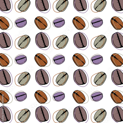 A playful seamless pattern featuring hand-drawn coffee beans in multiple colors including brown, purple, beige, and dark mauve. This doodle-style vector design is ideal for coffee shop branding, cafe 