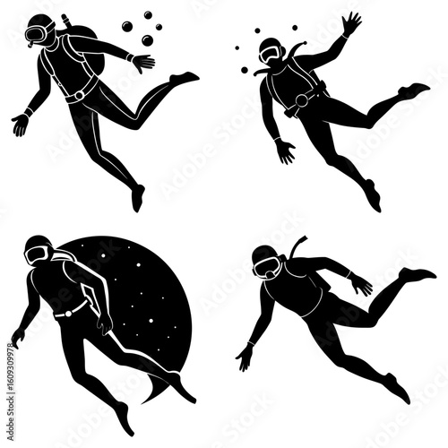 Illustrations of four scuba divers in various poses with bubbles and a starry background design element