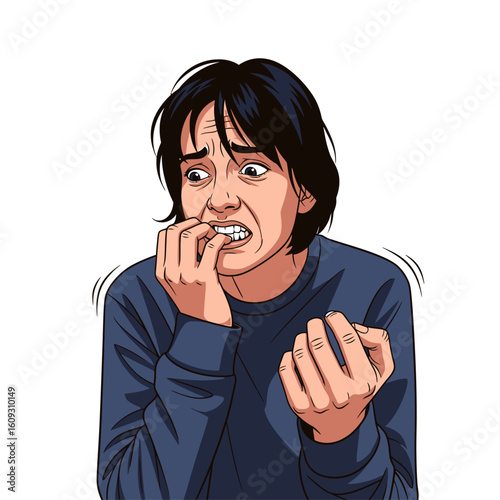Anxious person nervously biting nails