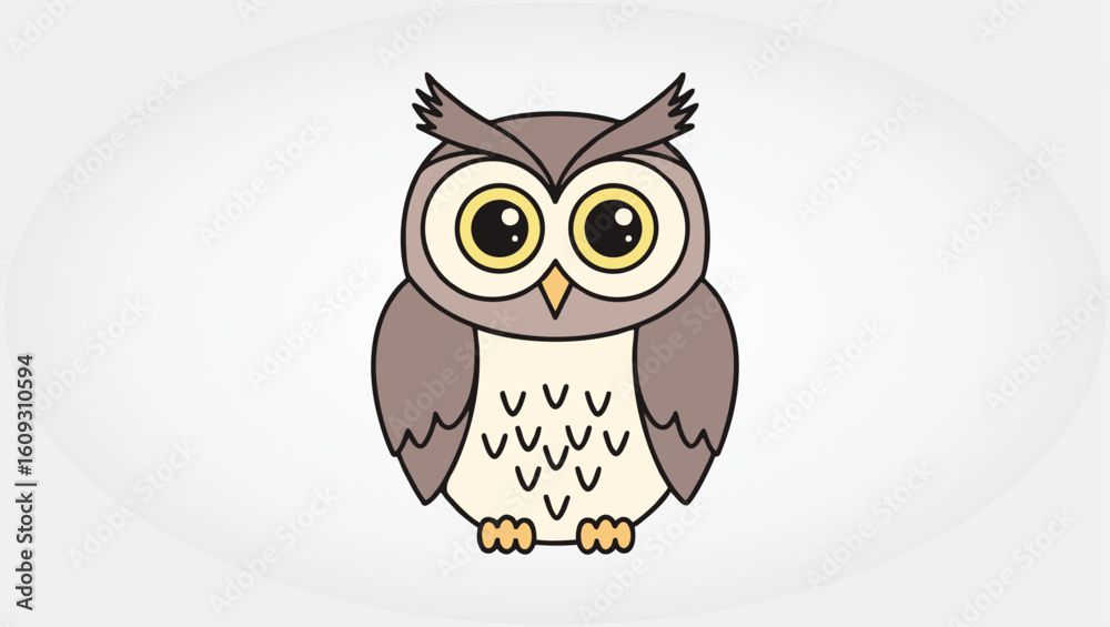 Fototapeta premium A charming owl with big yellow eyes and soft brown feathers, illustrated in a minimalist cartoon style. Perfect for educational, woodland, or children’s themes.