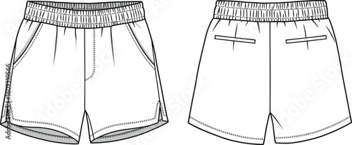 Technical flat sketch of athletic running shorts – front and back views with elastic waistband and pockets for fashion design