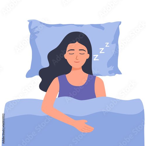 Sleep, rest, dream concept. Young serene tired calm smiling woman or girl cartoon character sleeping lying on bed at room home and taking nap. Resting time and comfortable relaxation illustration.