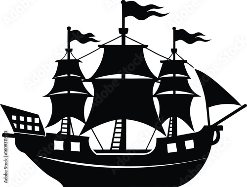 pirate ship black silhouette vector,pirate ship icon illustraton