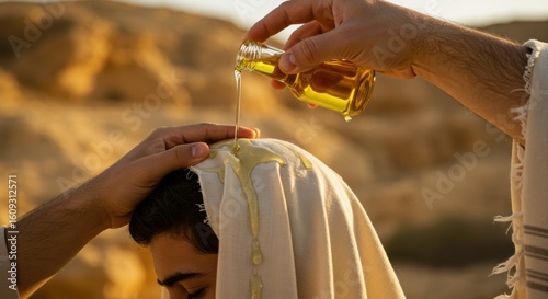 A prophet anoints a young man's head with oil from a bottle, symbolic of the anointing of King David in the Old Testament, representing ancient biblical traditions and spiritual blessing.