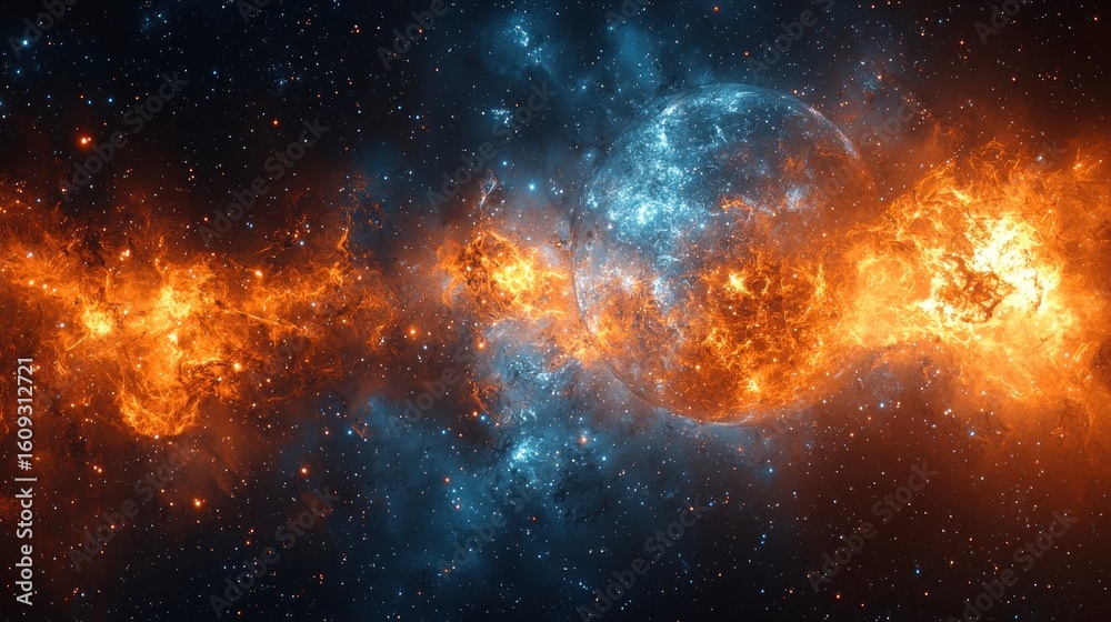 Obraz premium Fiery cosmic display with blue and orange hues