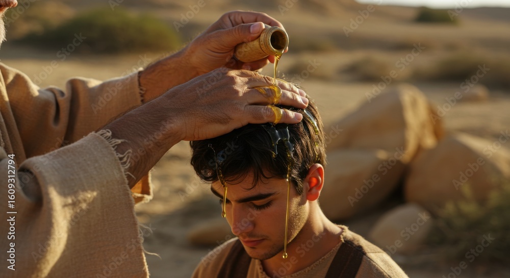 Fototapeta premium Prophet anoints a young man, possibly David, with oil in the desert representing consecration for leadership, biblical narrative, old testament event.