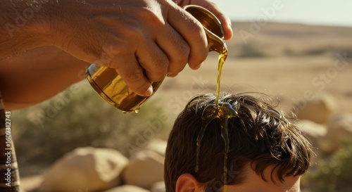 Man anointing a young man's head with oil in a desert setting, concept of anointing from old testament.