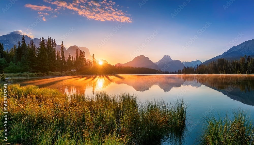Fototapeta premium serene mountain lake sunrise landscape