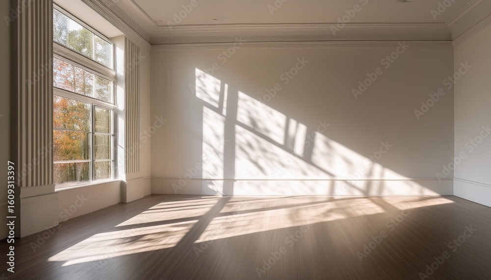 Obraz premium sunlit vacant room showcasing soft shadows on a white wall with light streaming through large windows creating an airy atmosphere