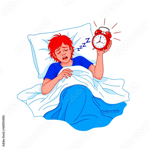 Tired man woken by ringing alarm