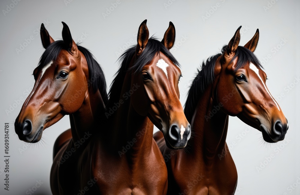 Obraz premium Three brown horses with black manes and white markings on their faces stand side by side against a plain light gray background