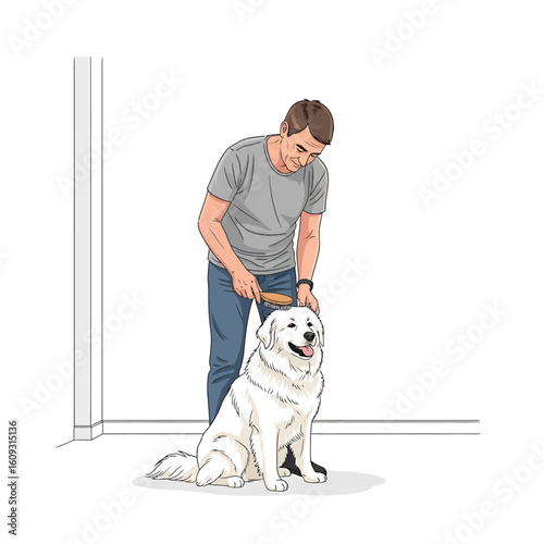 Man Grooming His Fluffy Dog