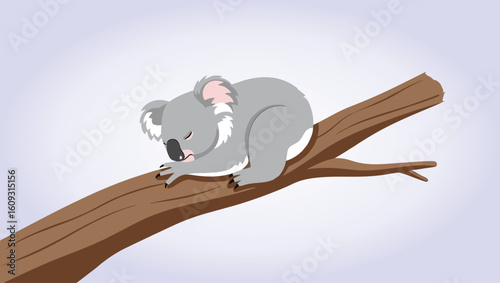 A cute gray koala climbing or sitting on a brown tree branch, illustrated in a soft cartoon style.