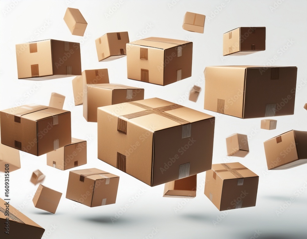 Fototapeta premium flying cardboard boxes isolated on white background realistic floating packaging boxes in motion ideal for shipping delivery and e commerce concepts generative ai
