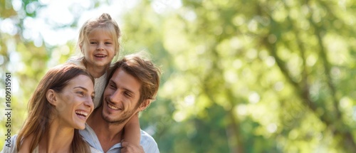 Fototapeta Naklejka Na Ścianę i Meble -  The joyful family enjoying a sunny day in a beautiful green park together.