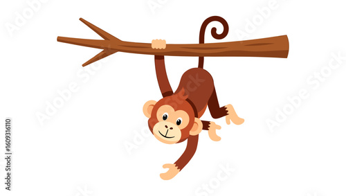 A smiling monkey swinging and hanging from a tree branch, drawn in a fun cartoon style with playful expression.
