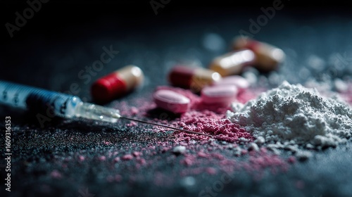The Dark Side of Addiction: A Close-Up of Drugs and Syringe