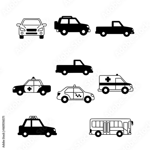 Collection of sleek black and white vehicle icons including cars, trucks, ambulance, taxi, and bus, perfect for modern transport and city life designs.
